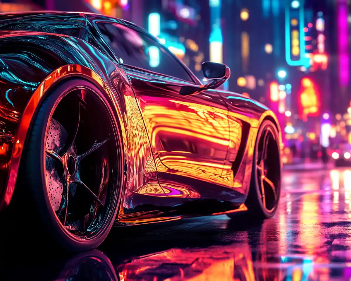 Carro de luxo em rua da cidade iluminada por neon à noite