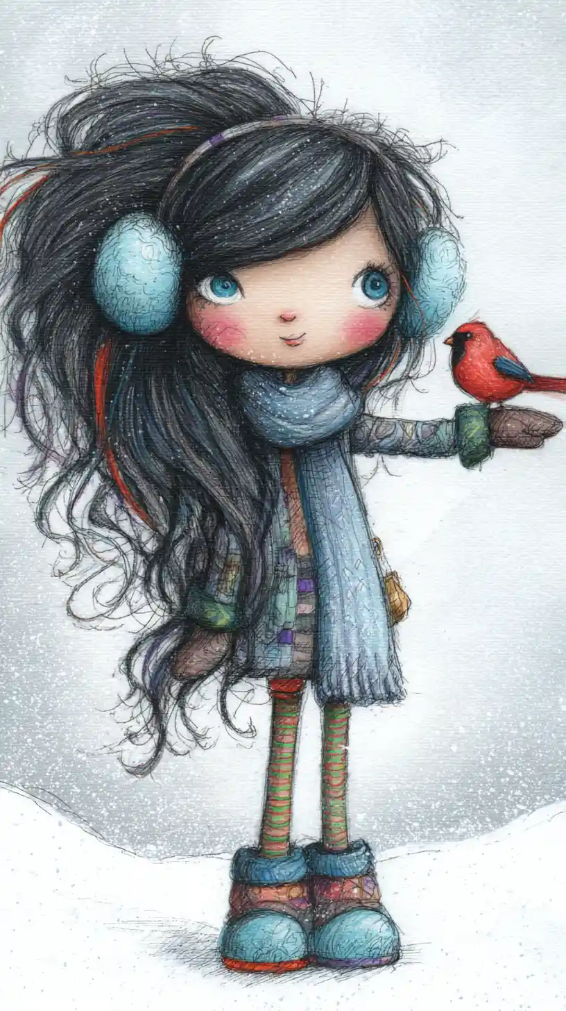 Ragazza fiabesca con cardinale in un campo innevato – illustrazione