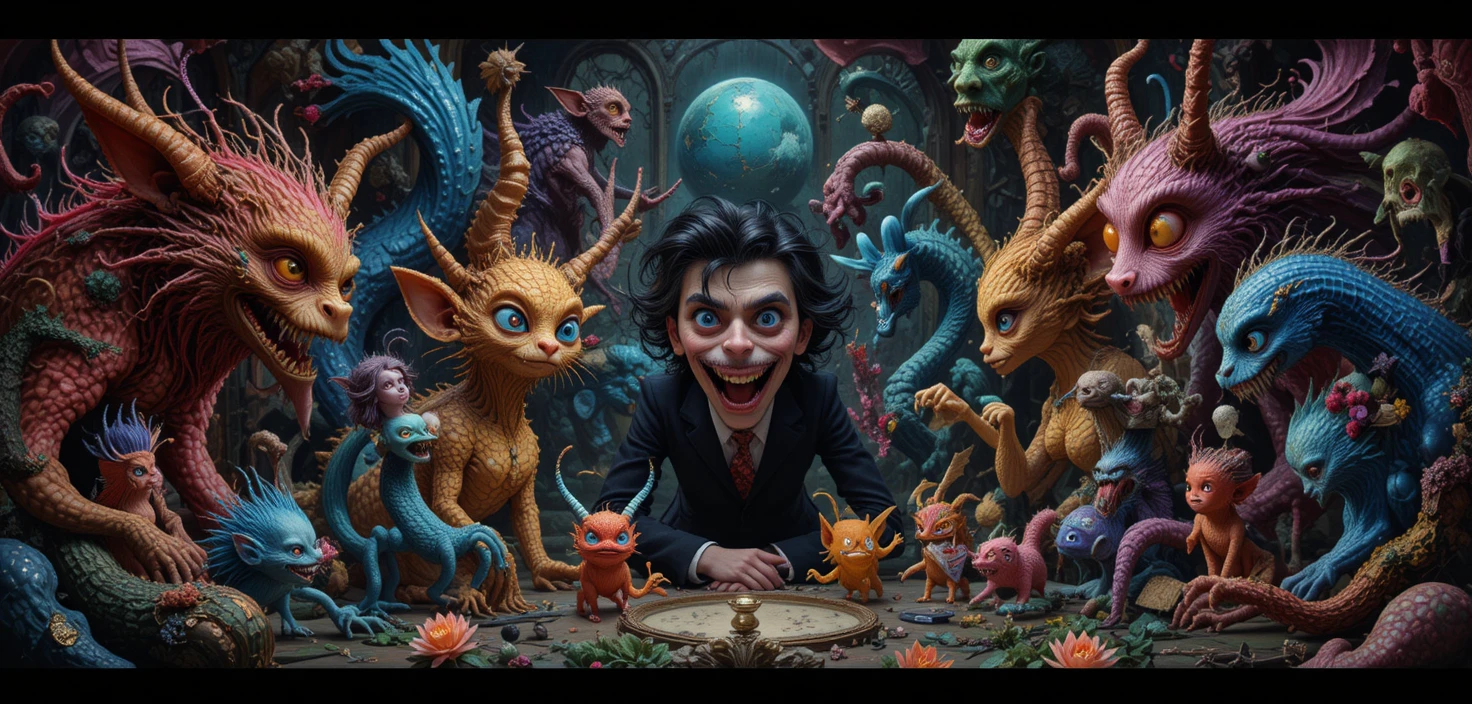 Monstros coloridos e fantasiosos em uma cena gráfica retrô de fantasia