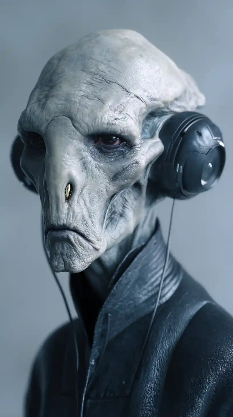 Criatura humanoide futurista en látex negro con ojos de reptil