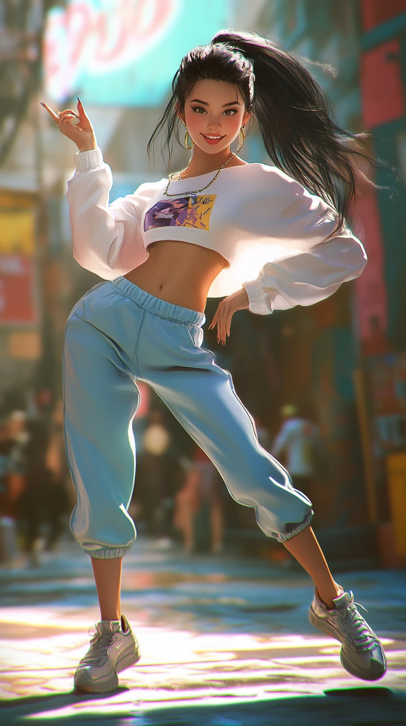 Anime girl dancing joyfully in a global subway scene