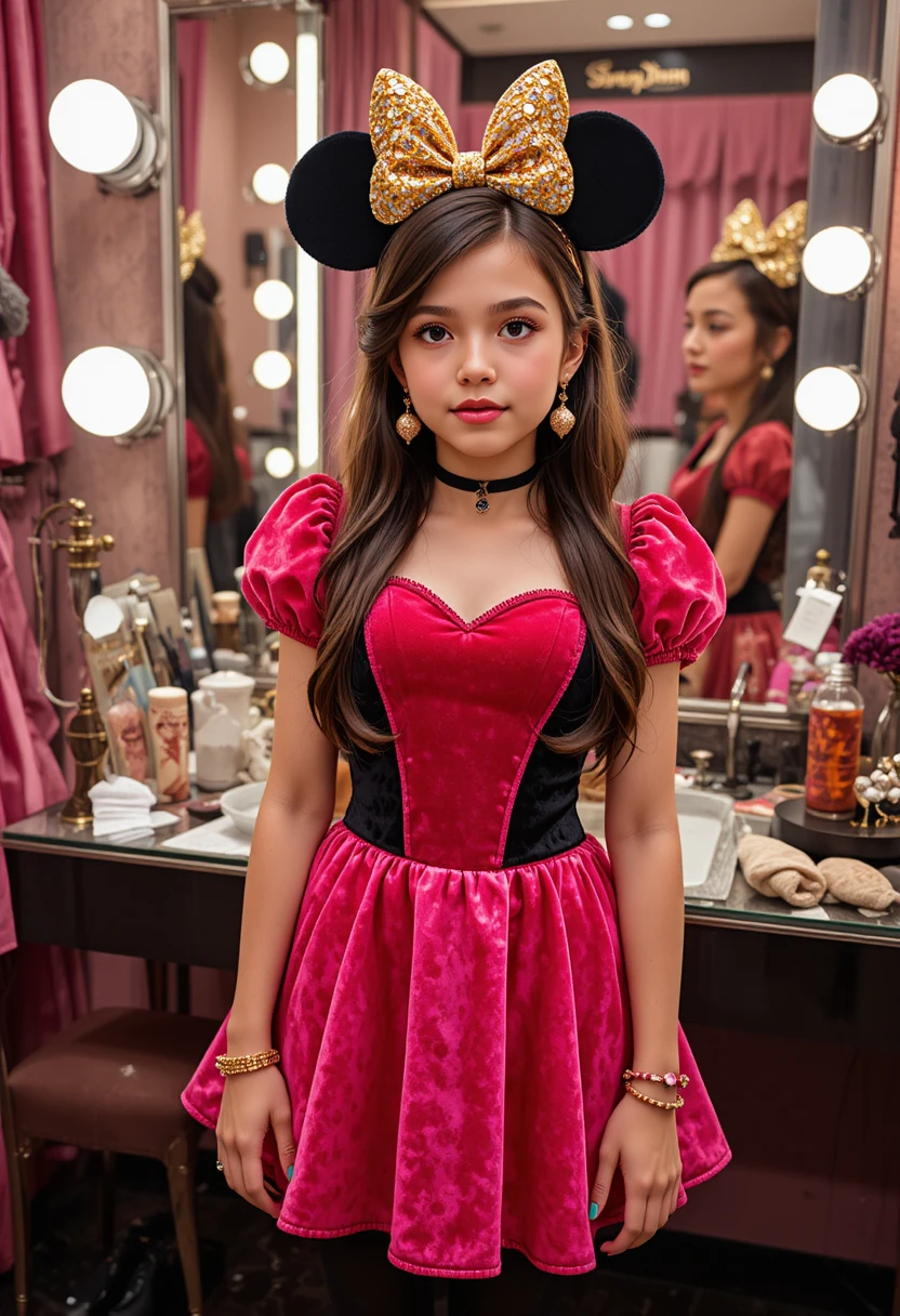 Tween boy in pink dress at boutique vanity mirror