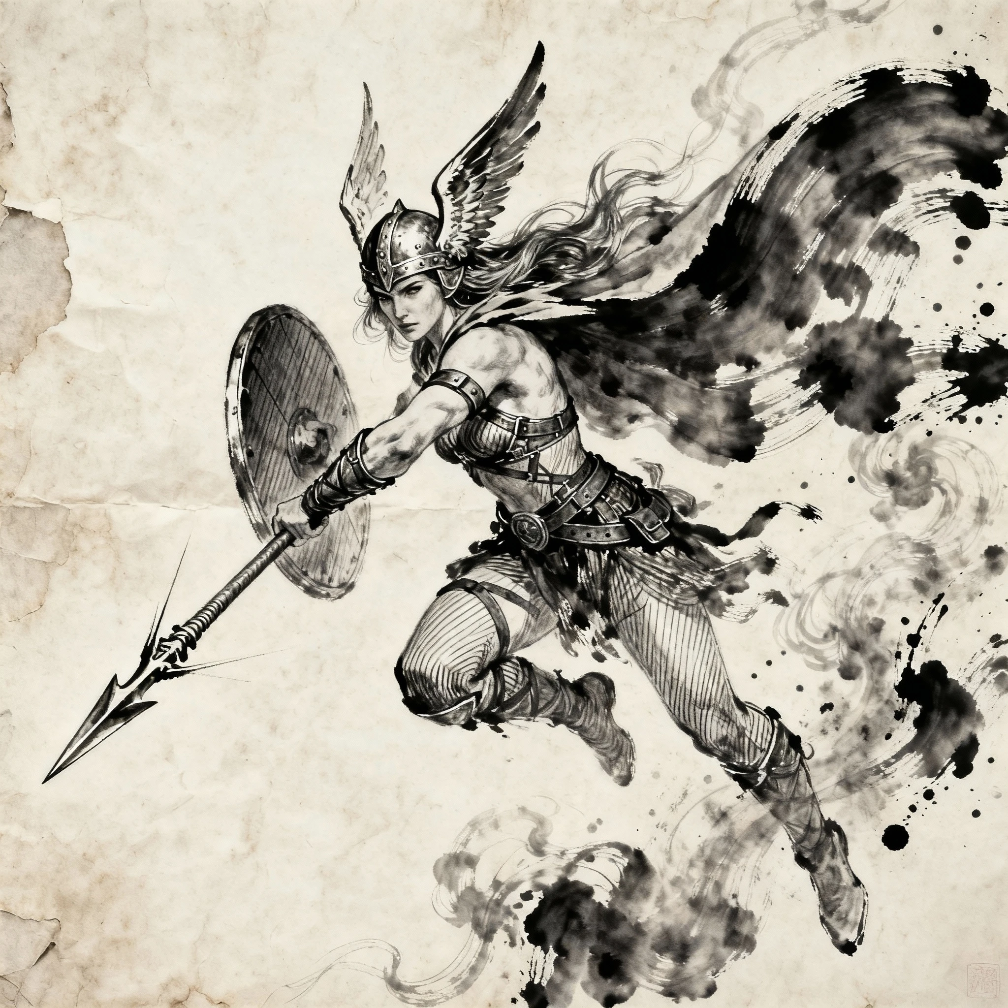 空中で槍と盾で攻撃する北欧のワルキューレ戦士