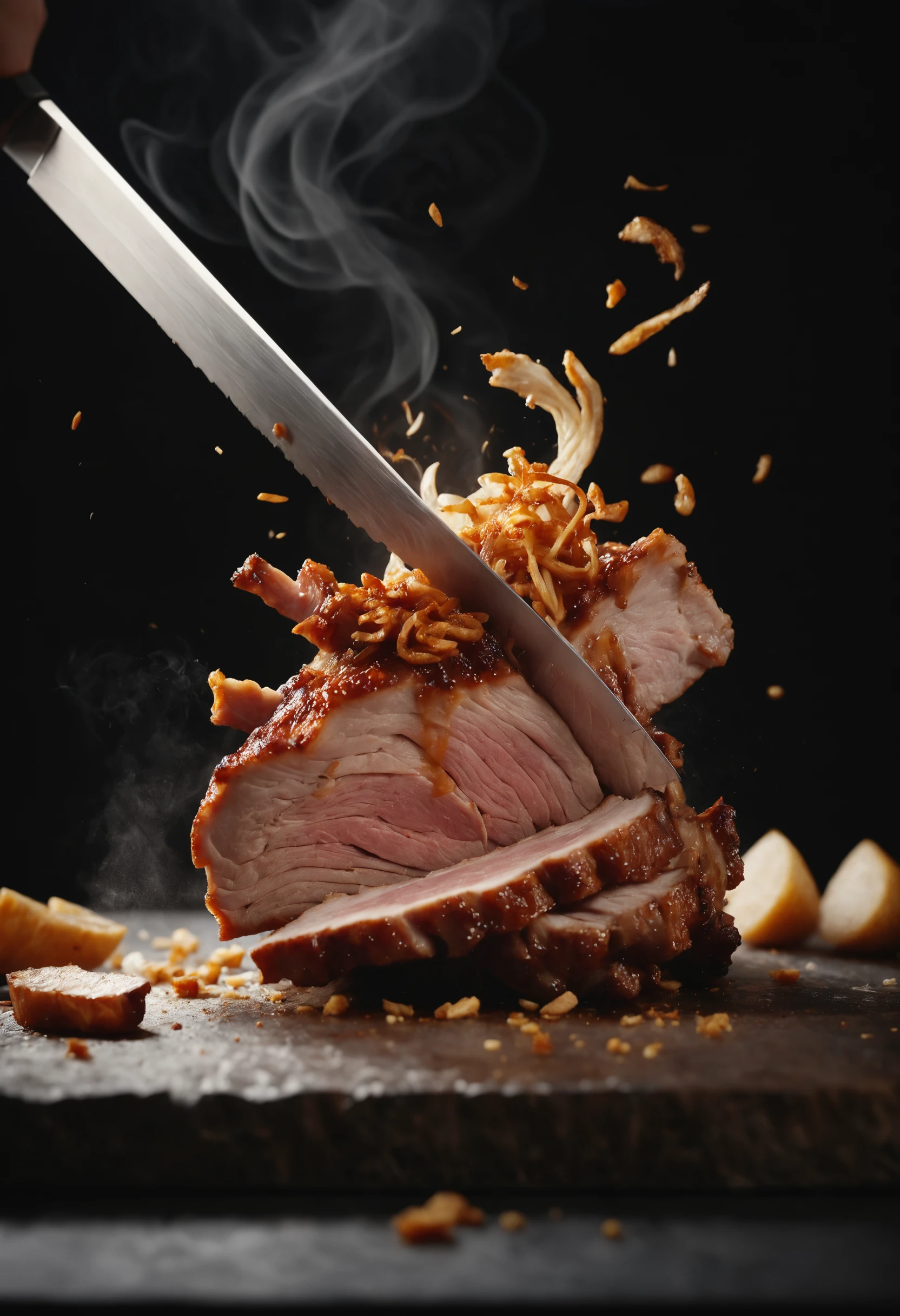 Chef knife slicing crispy pork under dramatic spotlight