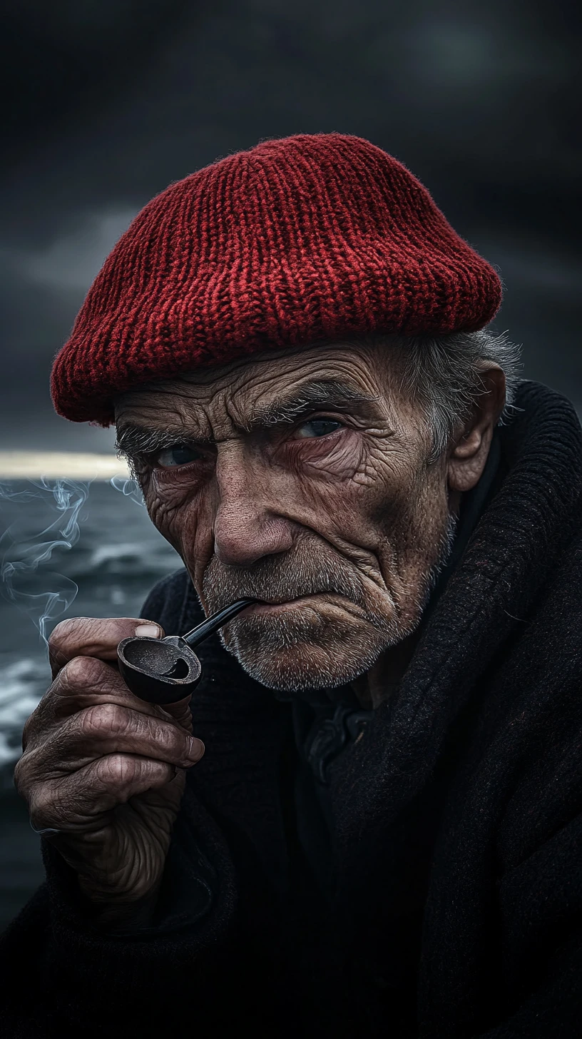 Anziano pescatore che fuma sul mare in tempesta all'alba