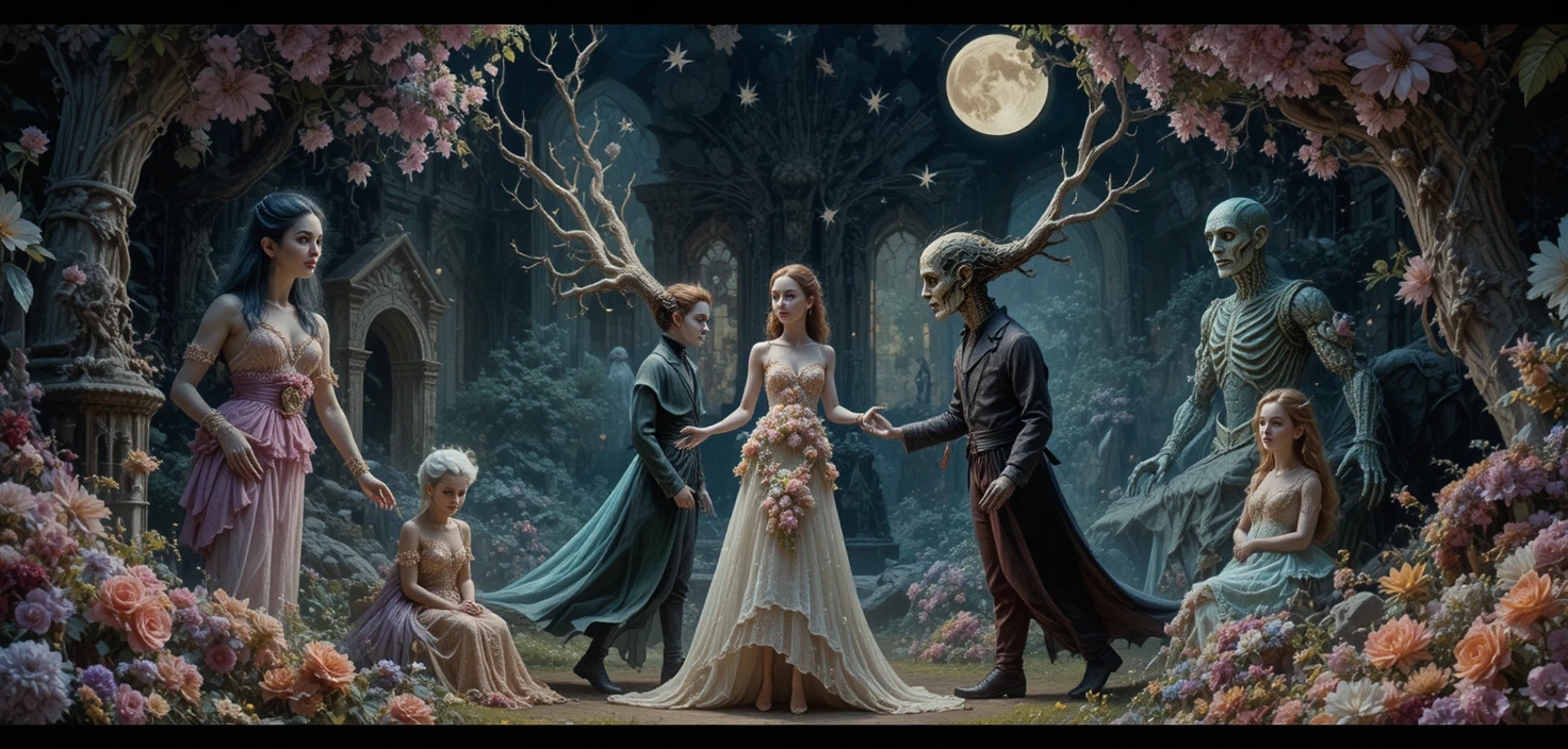 Criaturas fantasiosas retrô e brincalhonas em um cemitério colorido