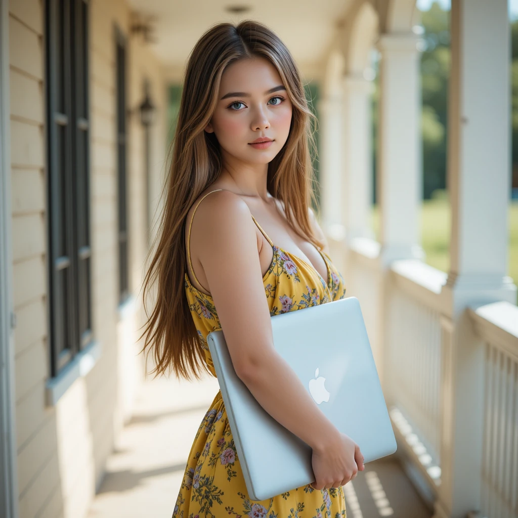 Young woman in yellow sundress standing on sunny porch