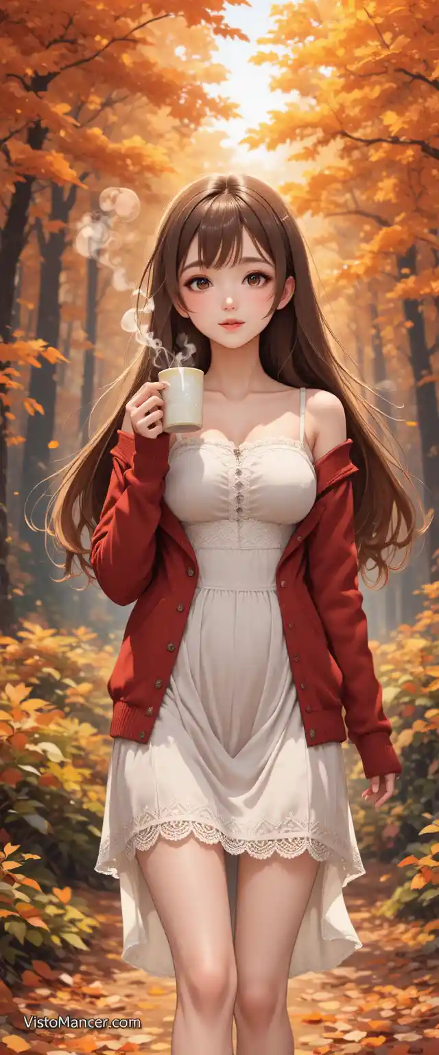 Fille d’anime marchant dans une forêt ensoleillée d’automne