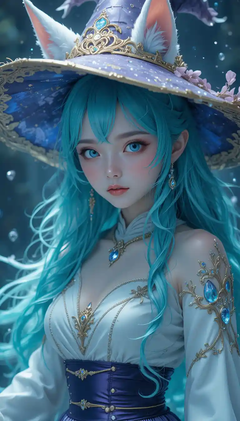 Anime water mage girl with fox ears and witch hat