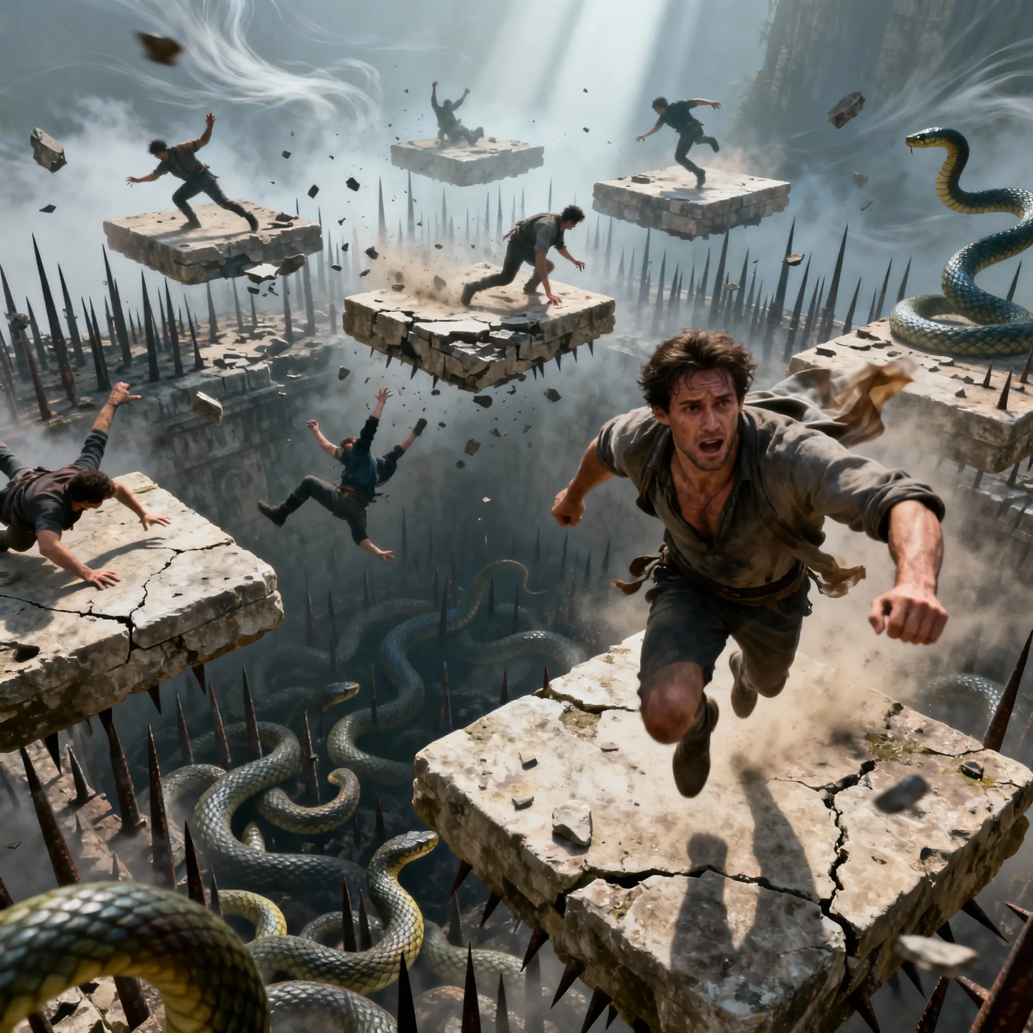 Terrified man leaping between crumbling floating stone platforms