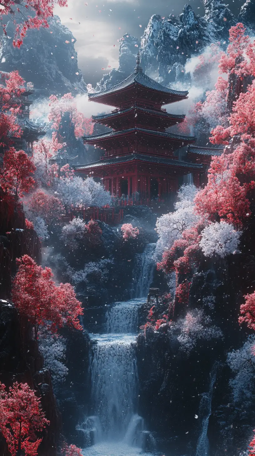 Palácio japonês nevado com cachoeiras em paisagem de fantasia