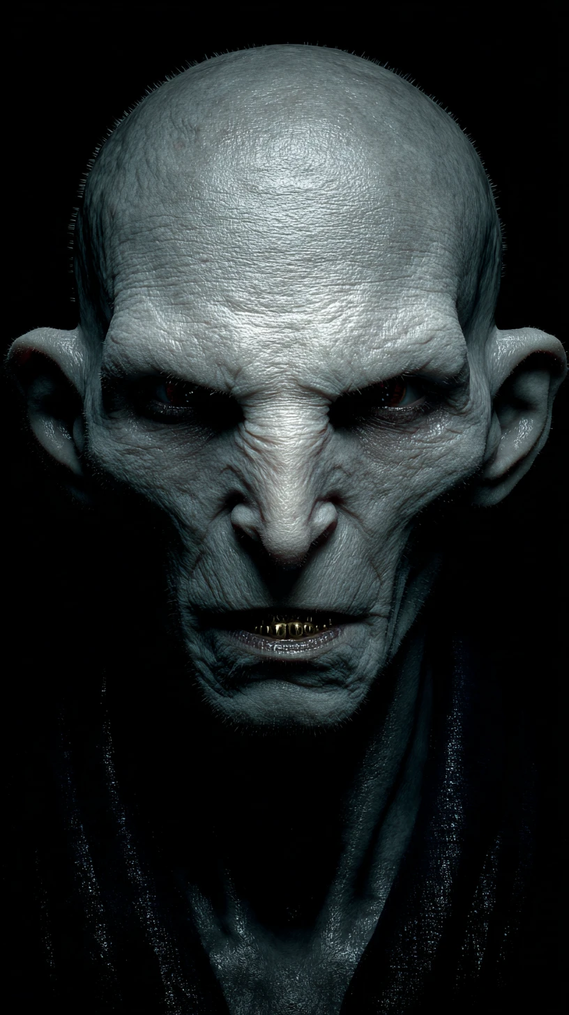 Sinister humanoid creature in glossy black latex portrait
