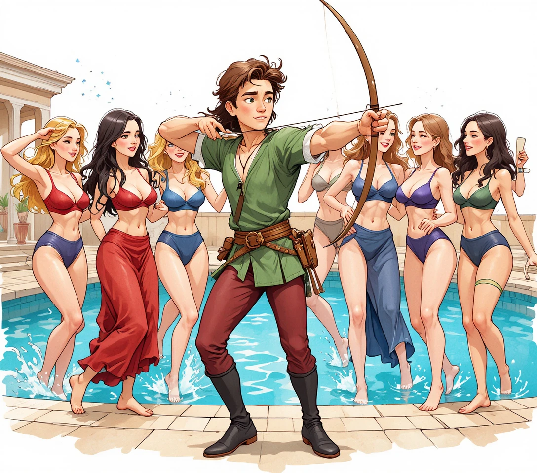 Young women dancing and laughing by a sunny poolside