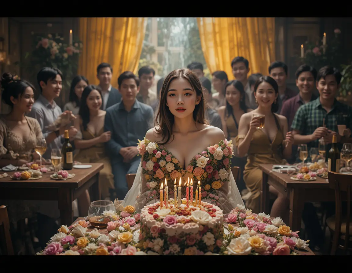 Woman blowing out birthday candles at joyful party gathering
