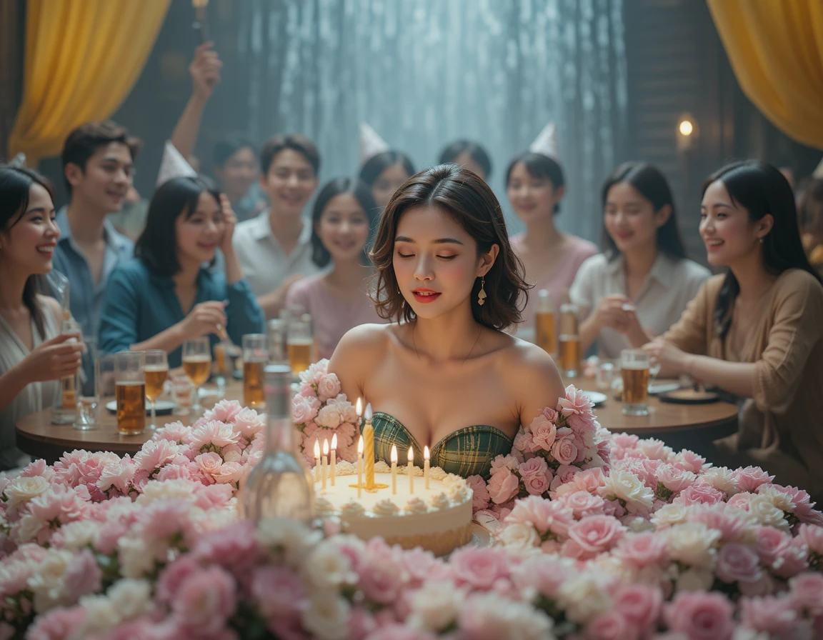 Donna che spegne le candeline di compleanno a una festa gioiosa