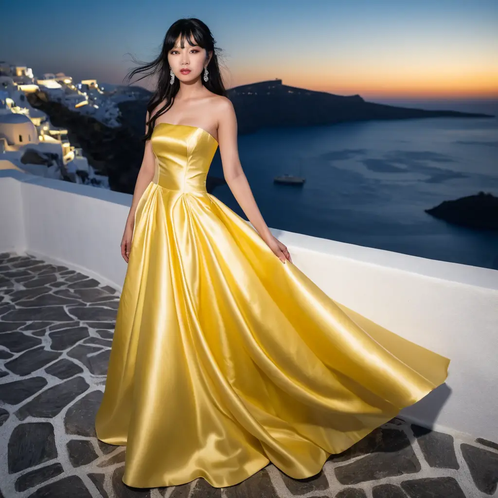 Elegant young woman in yellow satin gown at night
