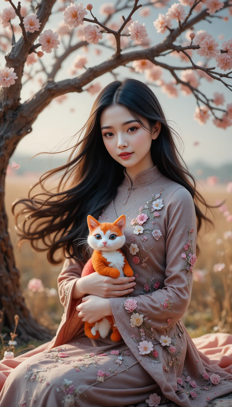 Felt art woman in kebaya holding cat under flowering tree