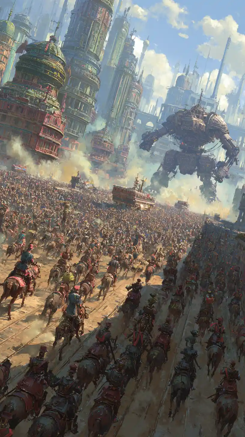 Battaglia steampunk con macchine da guerra davanti a una città immensa