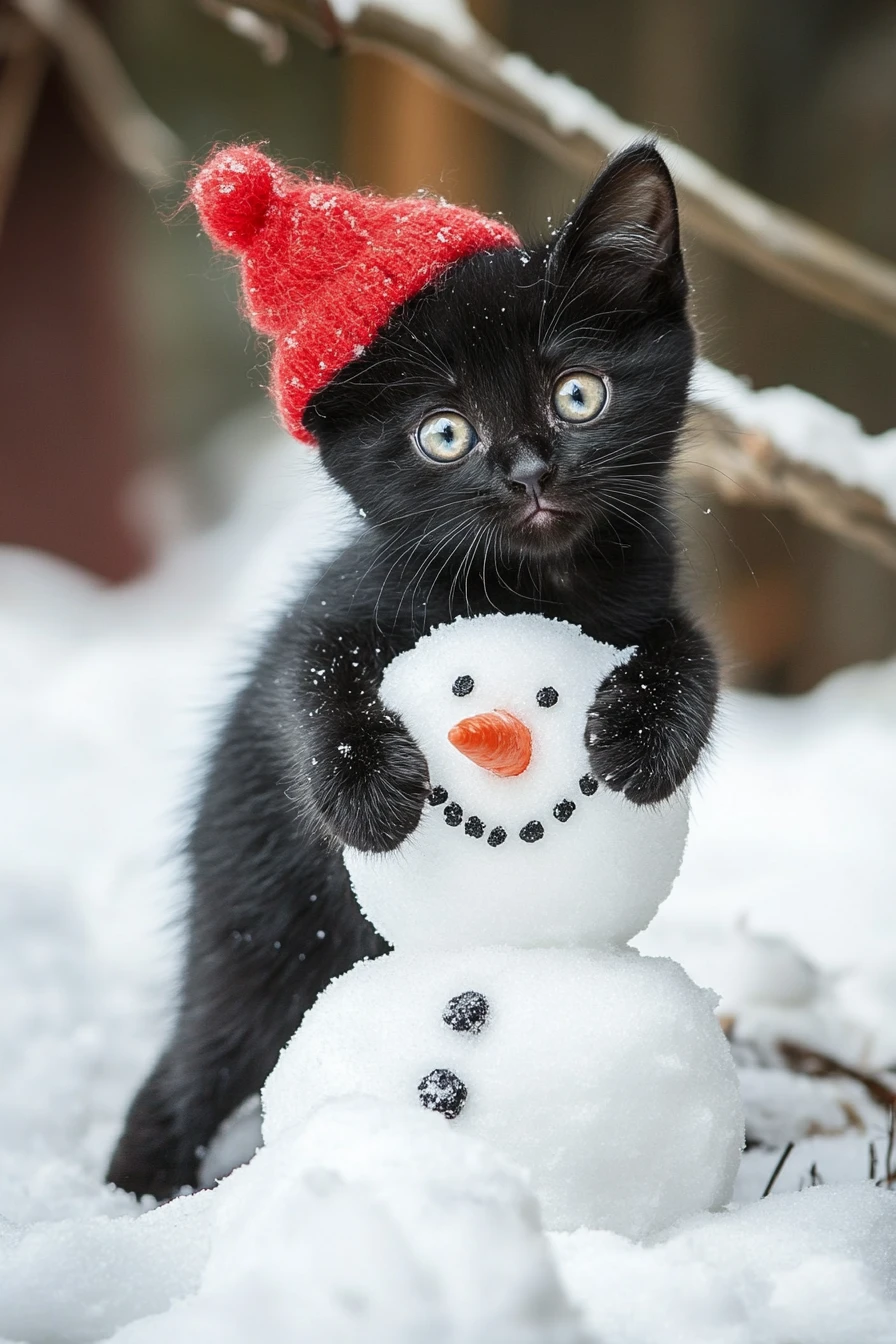 Chaton noir joueur fixant après avoir renversé un bonhomme de neige