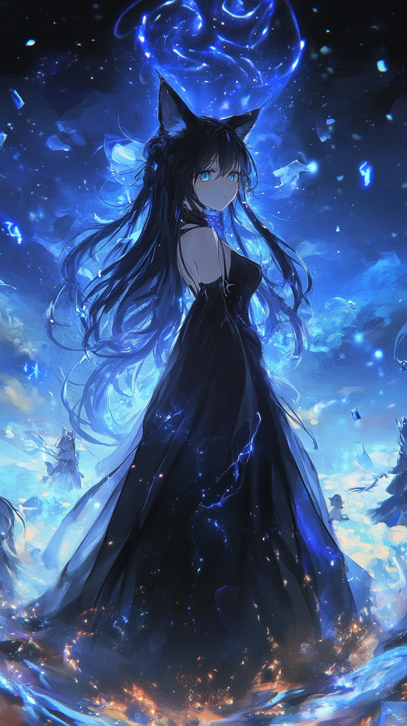 Elegant anime cat eared girl under a dark blue sky