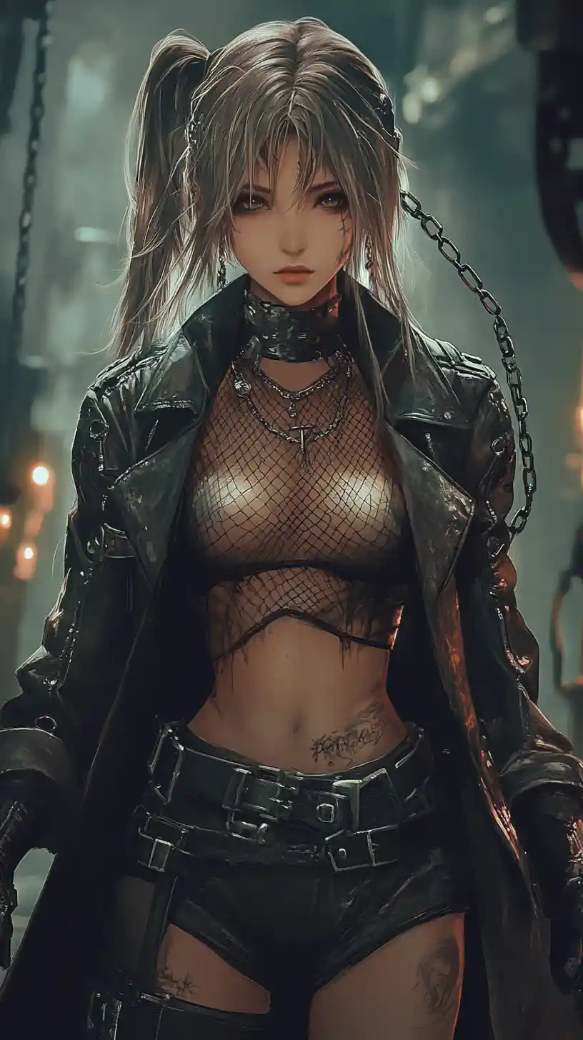 Defiant anime girl in chains lit by flickering candlelight