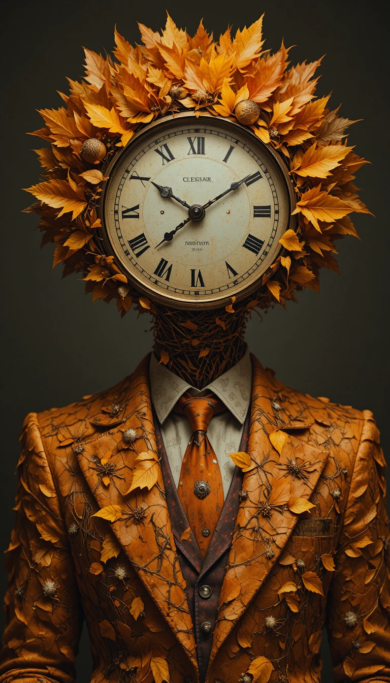 Surreal portrait of a clock headed figure in leaf suit