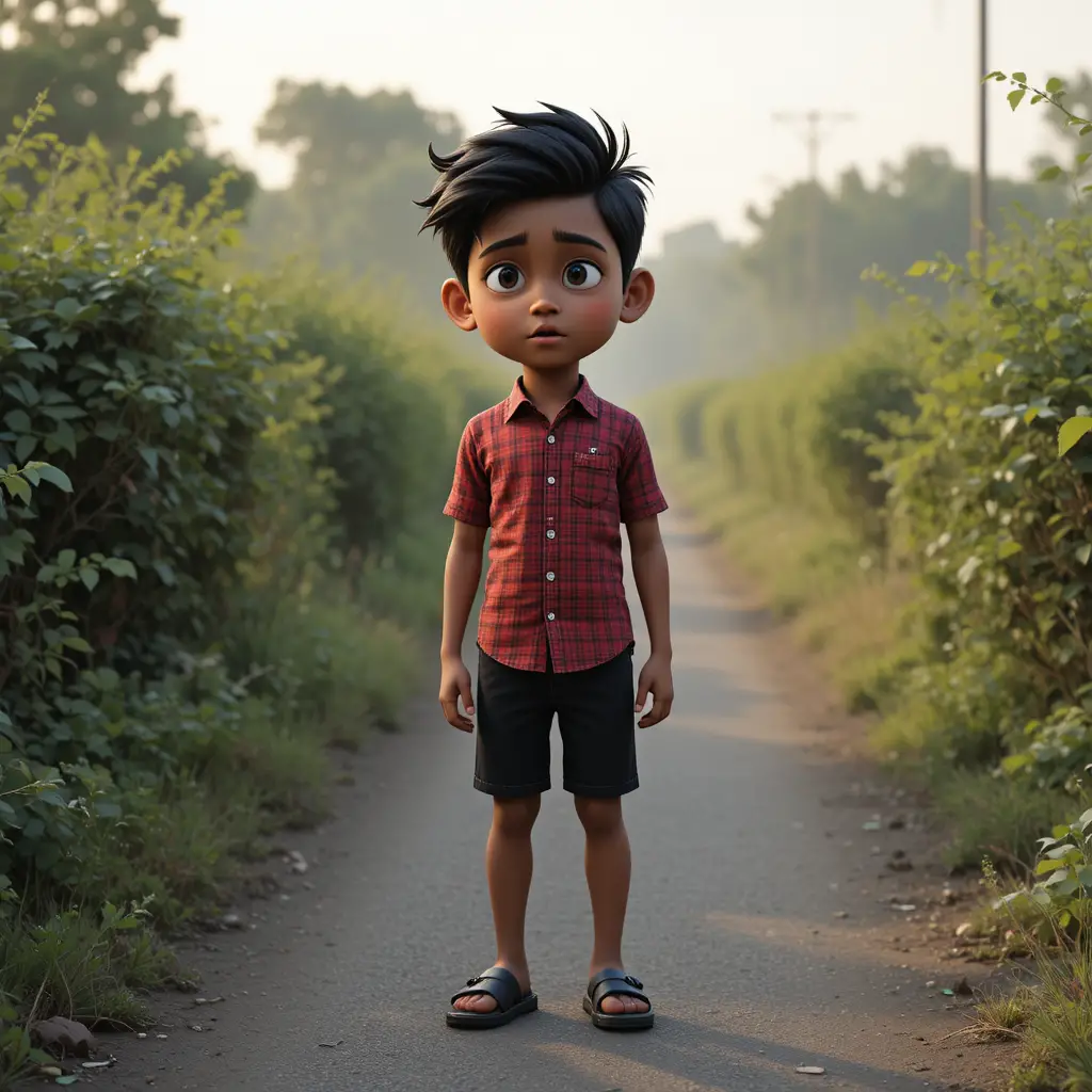 Worried young boy on a quiet rural road at sunrise