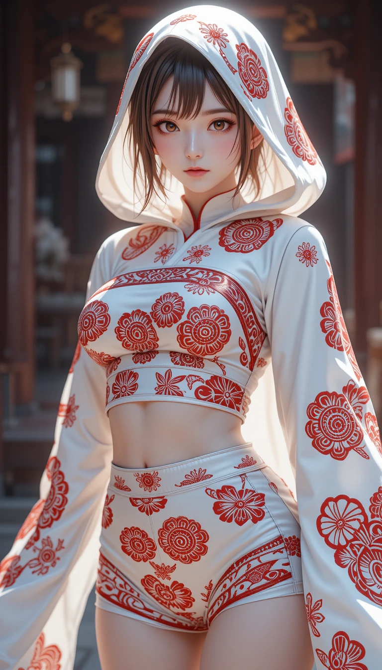 Anime woman in patterned silk hood inside dark temple