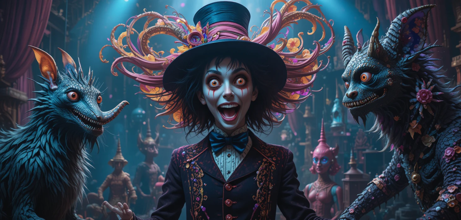 Whimsical fantasy creatures in a colorful retro circus world
