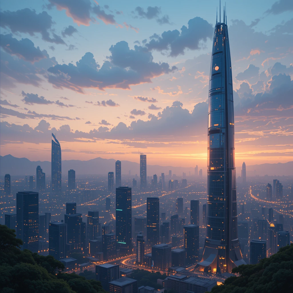 Futuristischer Wolkenkratzer mit Blick auf eine leuchtende Sonnenuntergangsstadt