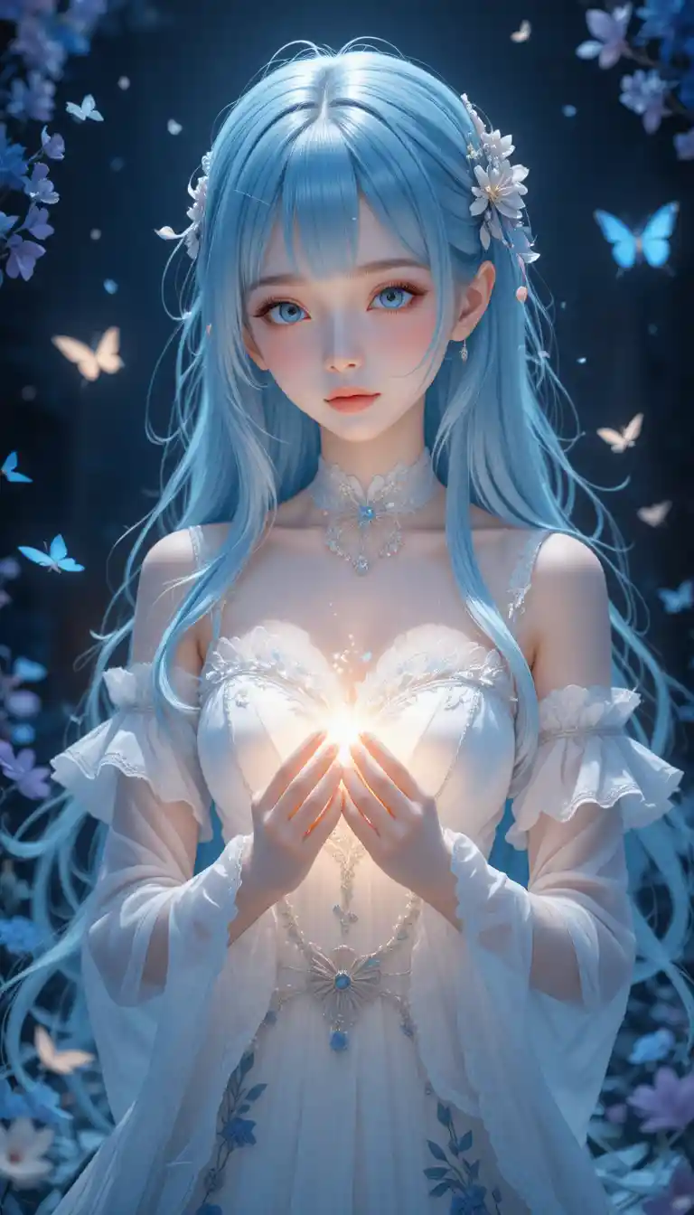 Blue haired fantasy girl holding glowing light