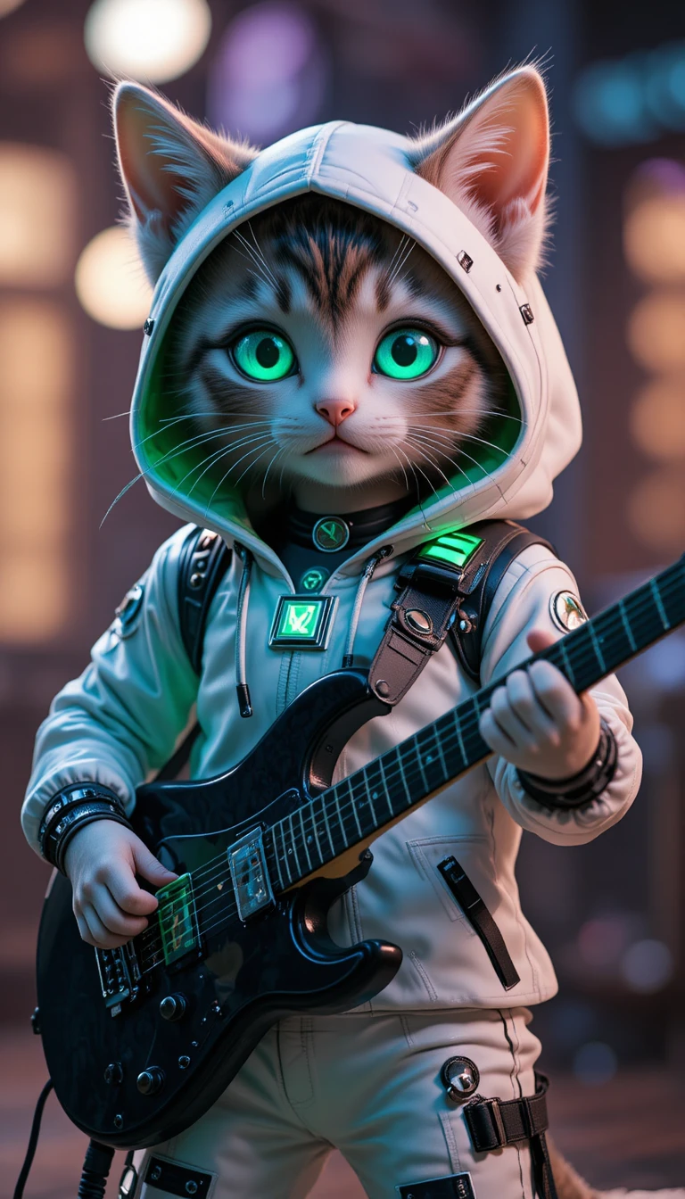 Cute anime tabby kitten in techwear playing electric guitar
