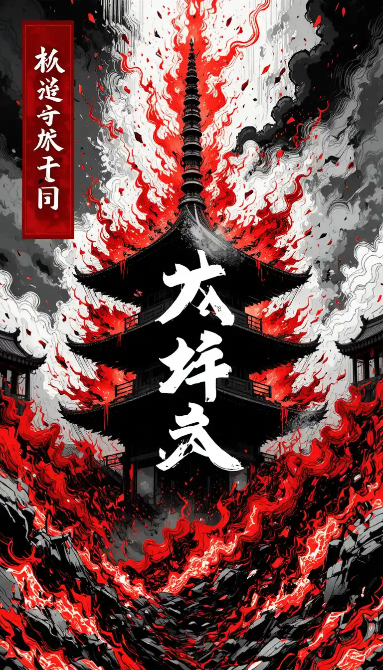 Illustration dramatique de pagode engloutie dans des flammes rouges chaotiques
