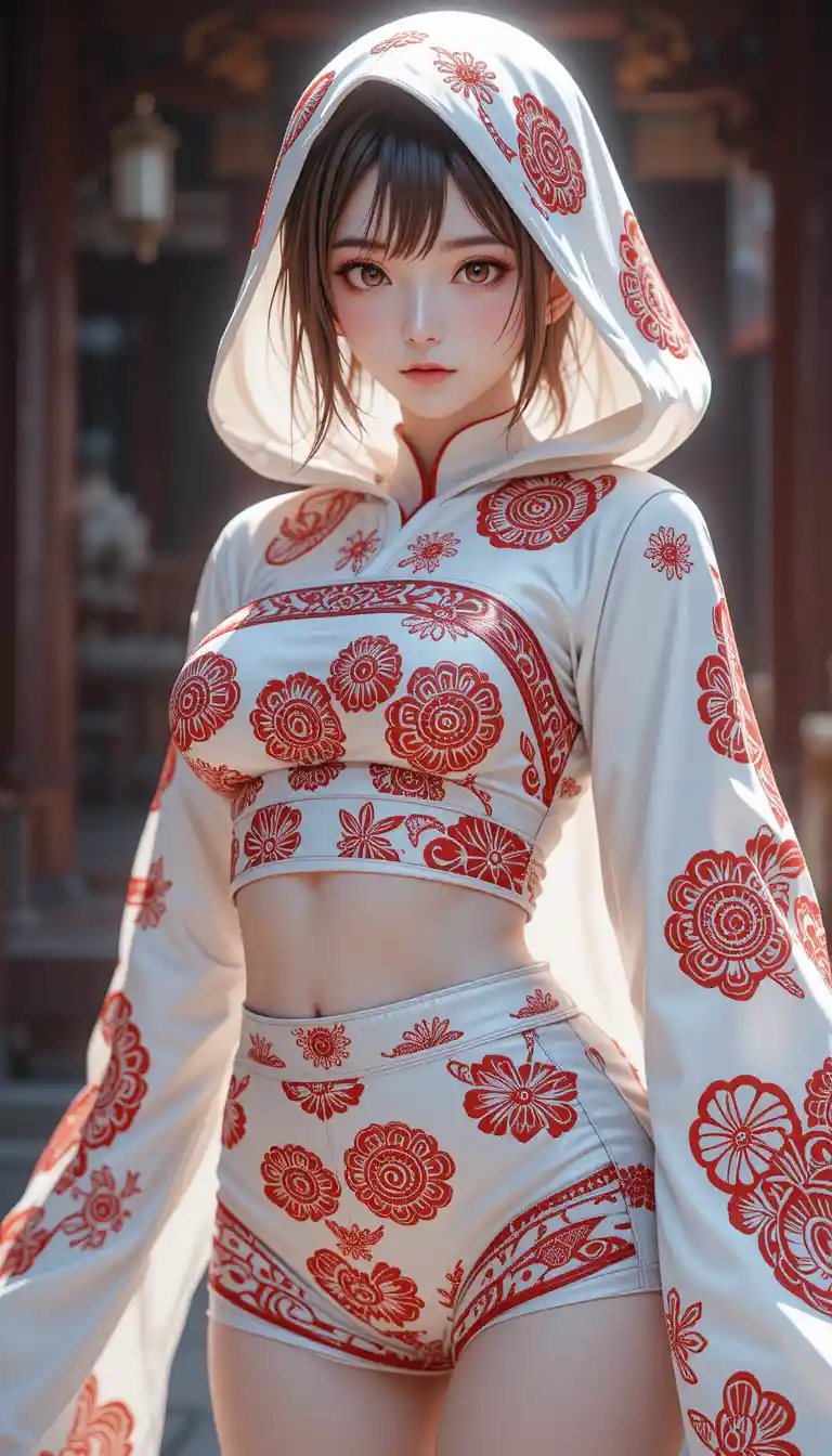 Anime woman in patterned silk hood inside dark temple