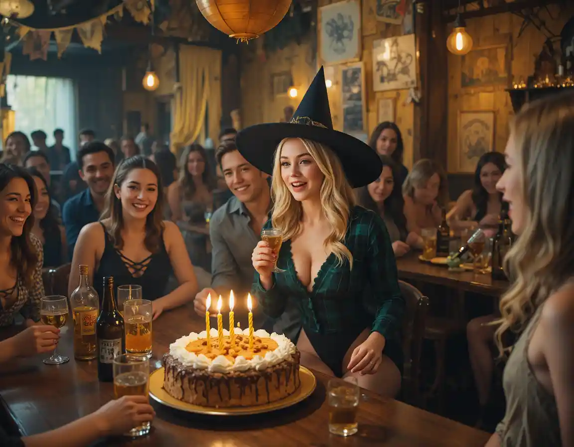 Woman blowing out birthday candles at lively party table