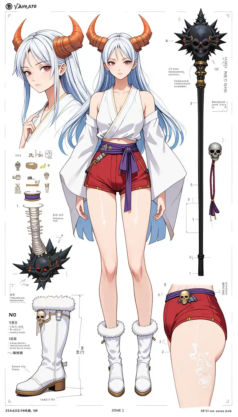 Anime warrior woman character sheet with detailed weapon studies
