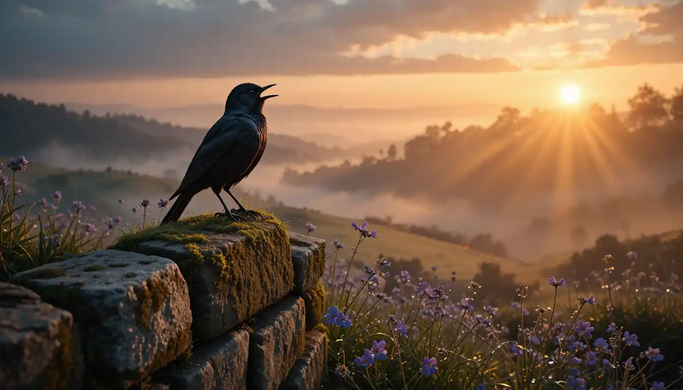 Amsel singt auf einer moosbewachsenen alten Steinmauer bei Sonnenaufgang