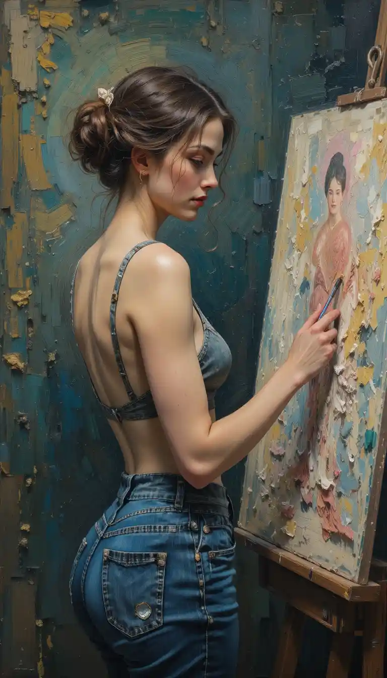 Elegant woman artist painting in a vibrant oil portrait