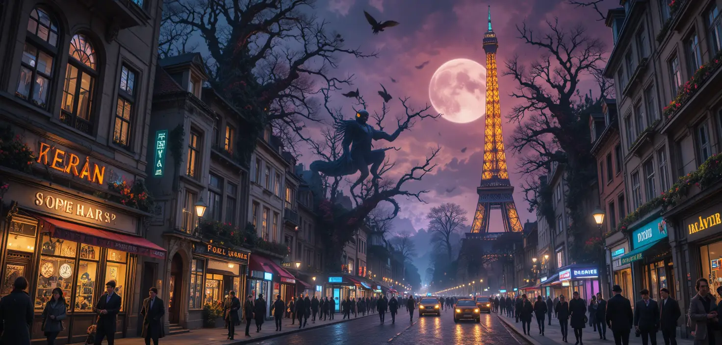 Monstros de fantasia lúdicos em uma colorida rua parisiense
