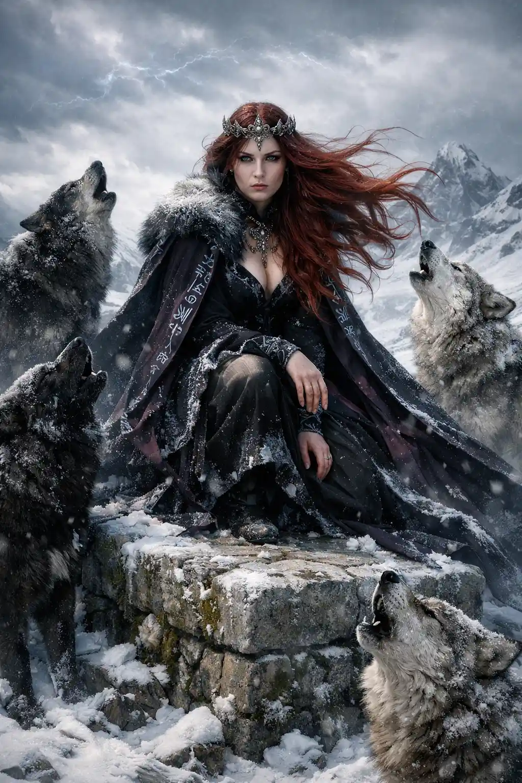 Sorceress kneeling on an ancient grave in the snow