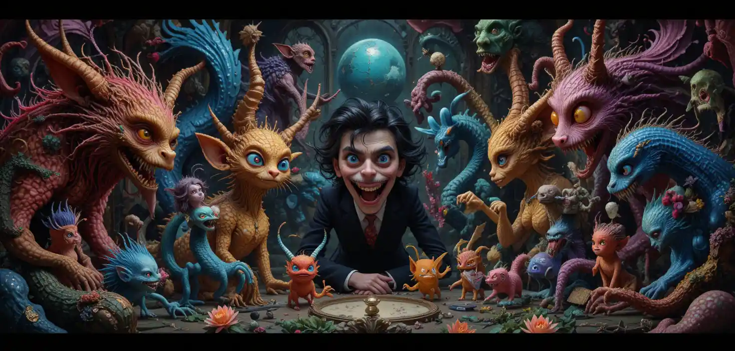 Monstros coloridos e fantasiosos em uma cena gráfica retrô de fantasia