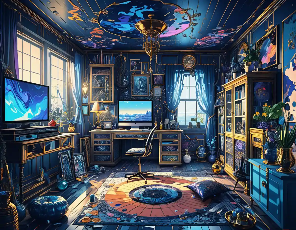 Sala de estar 3D com interior sombrio e decoração escura eclética