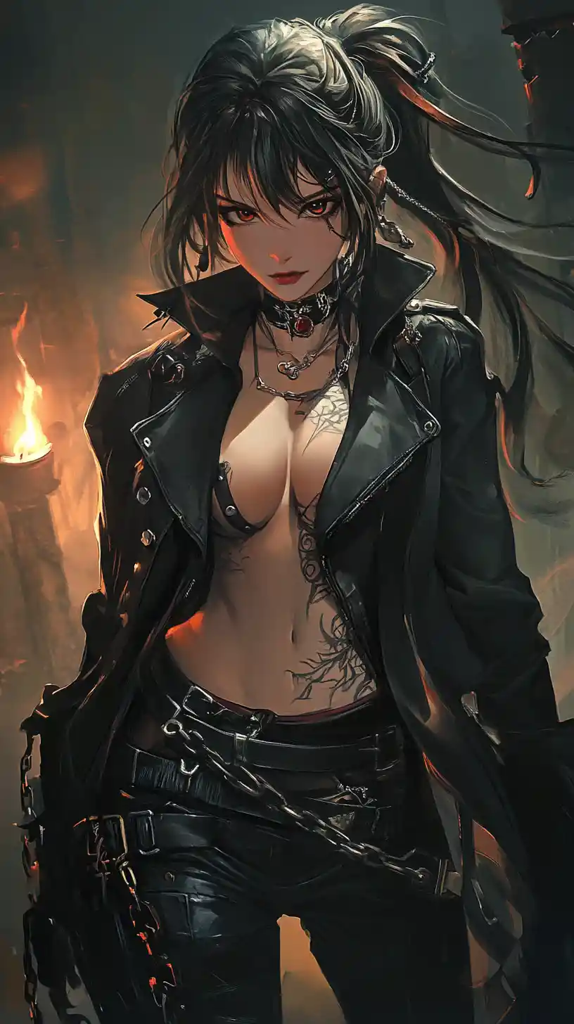 Defiant anime heroine bound in chains in candlelit dungeon