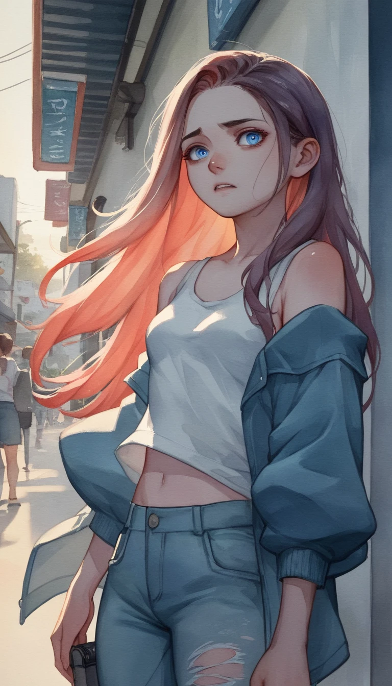 Young Japanese woman standing tense in a public space
