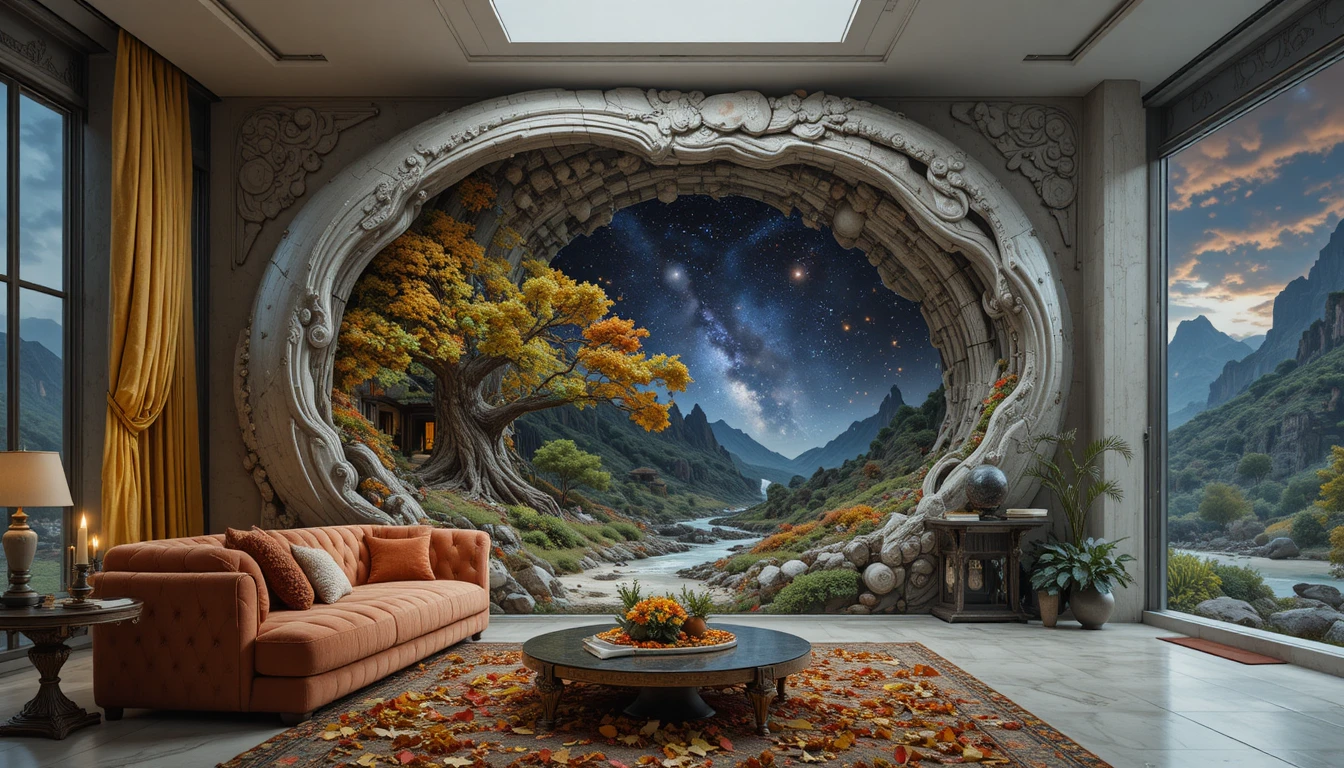 Surreal Living Room With Red Sofa And Baroque Glass Table
