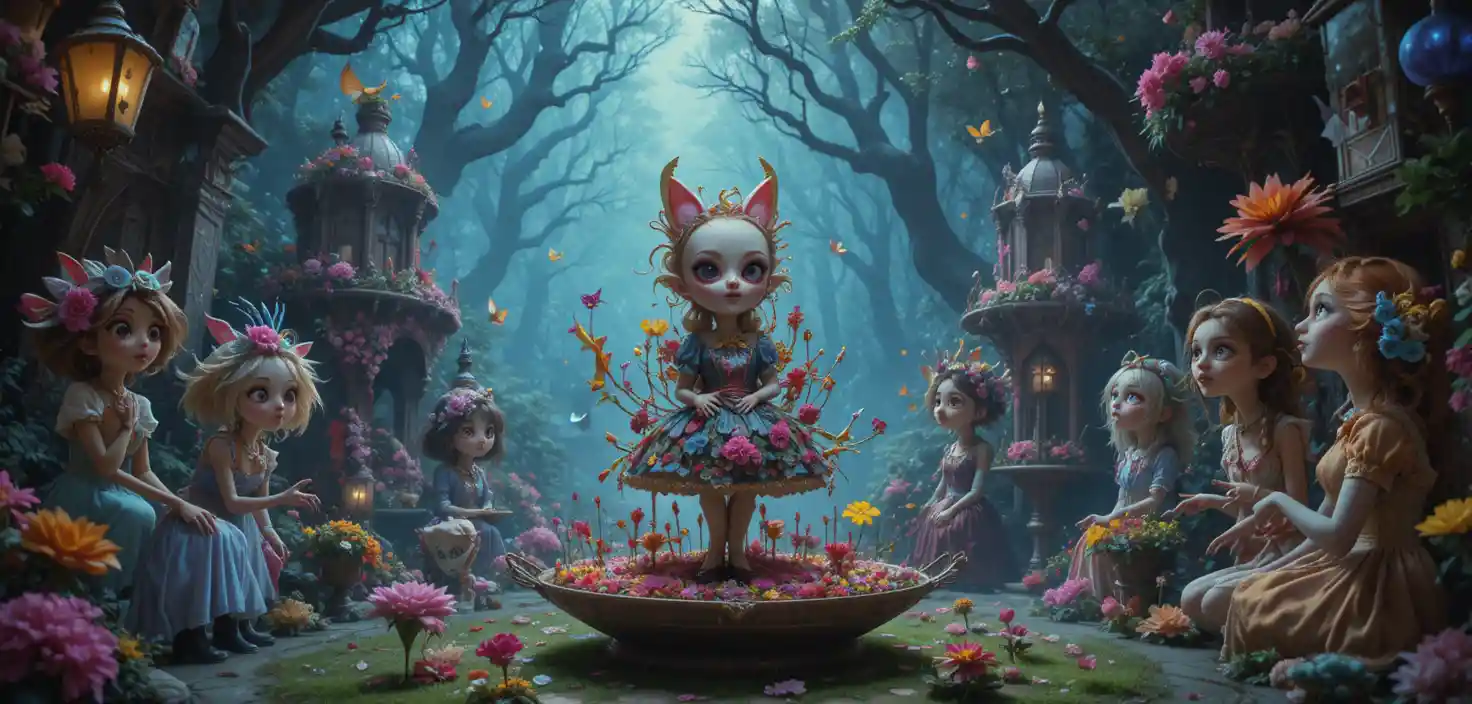 Personnages fantastiques des années 80 dans un pays des merveilles haut en couleur