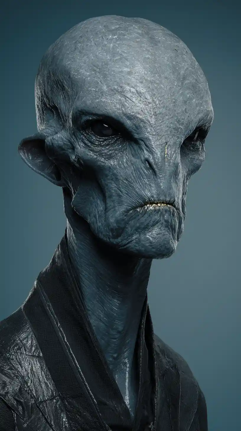 Sinister humanoid creature in black latex against blue backdrop