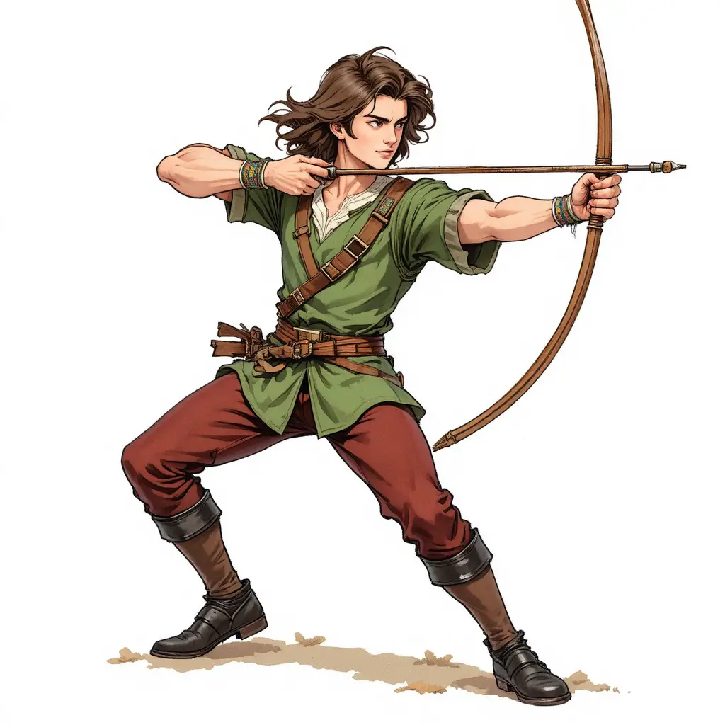 Young archer in green tunic aiming bow on white background