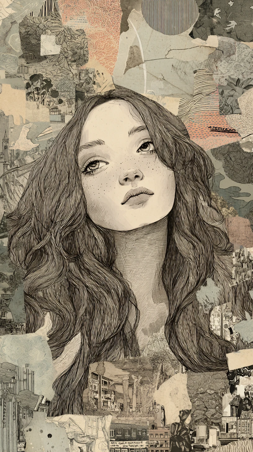 Dreamy collage portrait of a long haired artistic girl