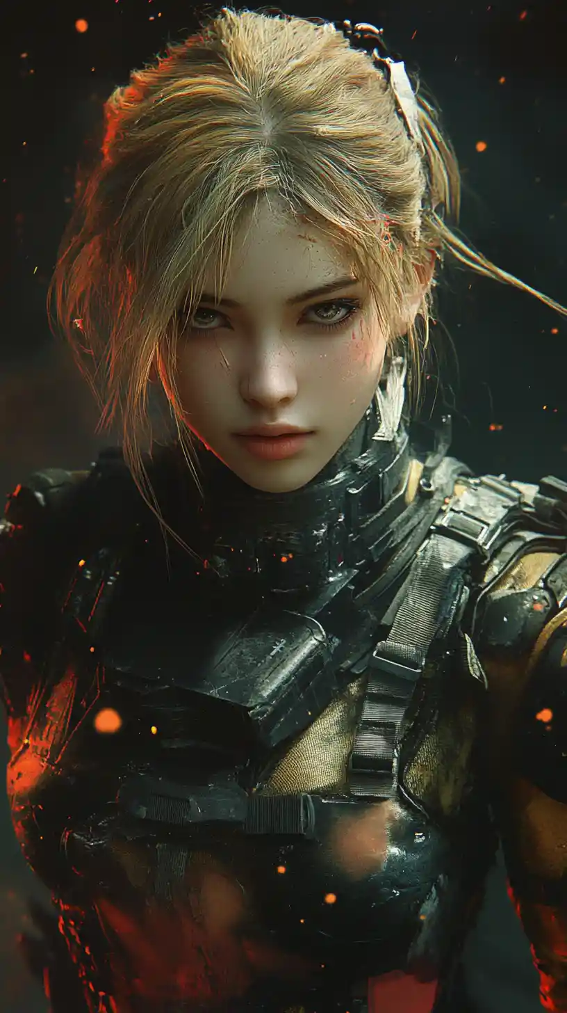 Armored warrior woman rising from swirling battlefield smoke